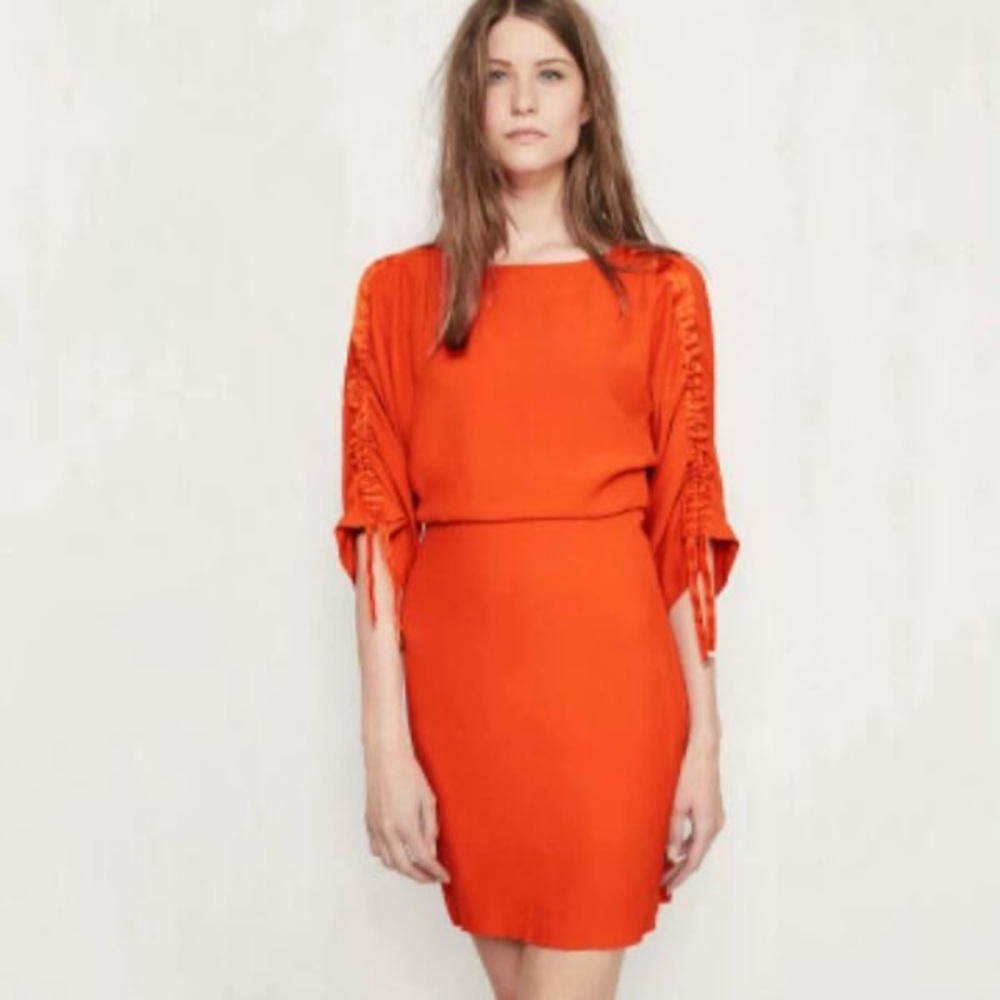 maje orange slim waist tea dress